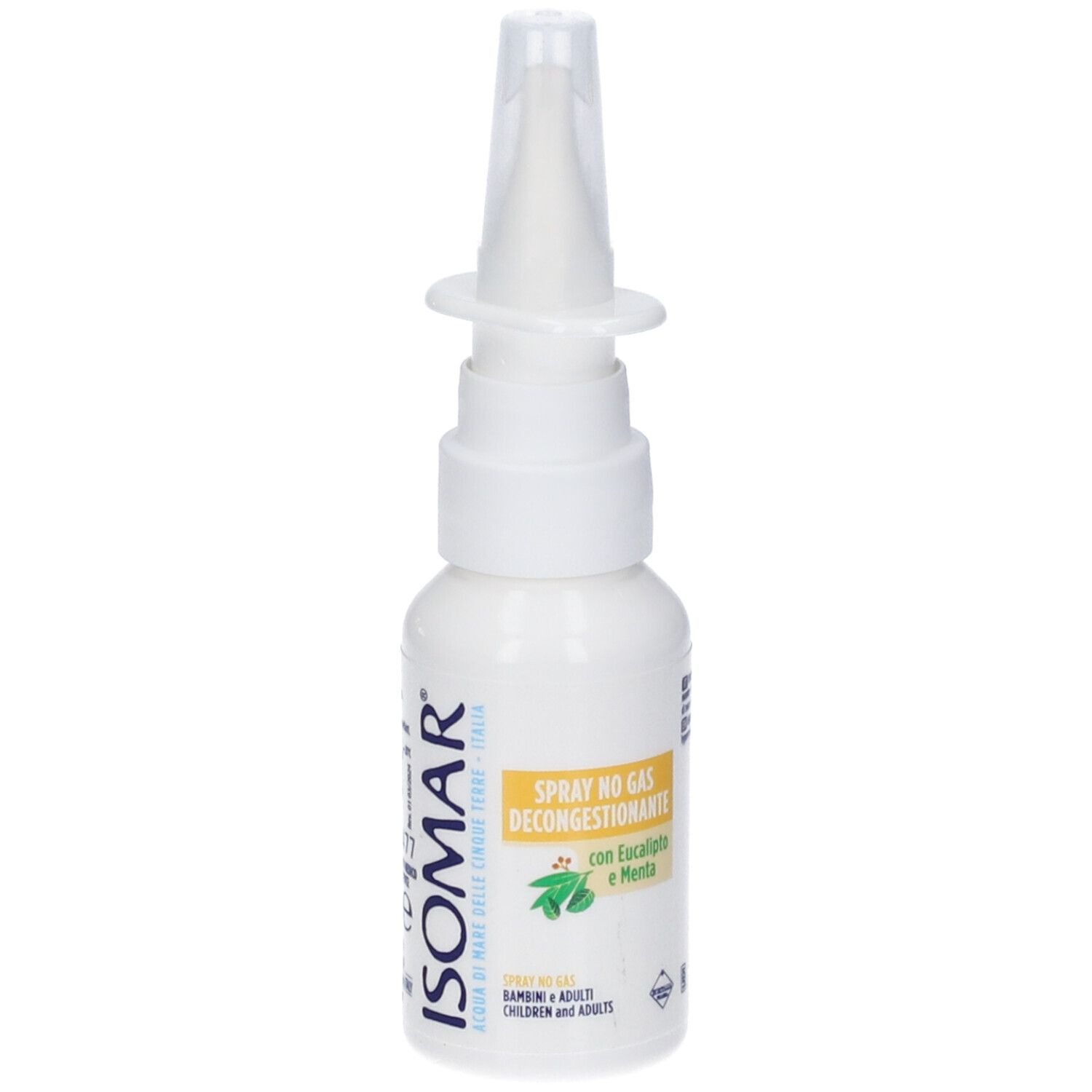 Weiße Flasche mit Sprühkopf. Aufschrift: ISOMAR, Spray No Gas Decongestionante, mit Eukalyptus und Minze. Für Kinder und Erwachsene.