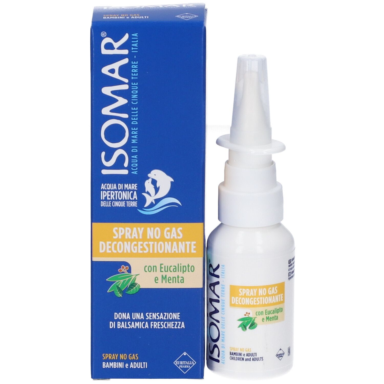 Produkt und Verpackung. Blaue Schachtel und weiße Flasche mit Sprühkopf. Aufschrift: ISOMAR, Spray No Gas Decongestionante.