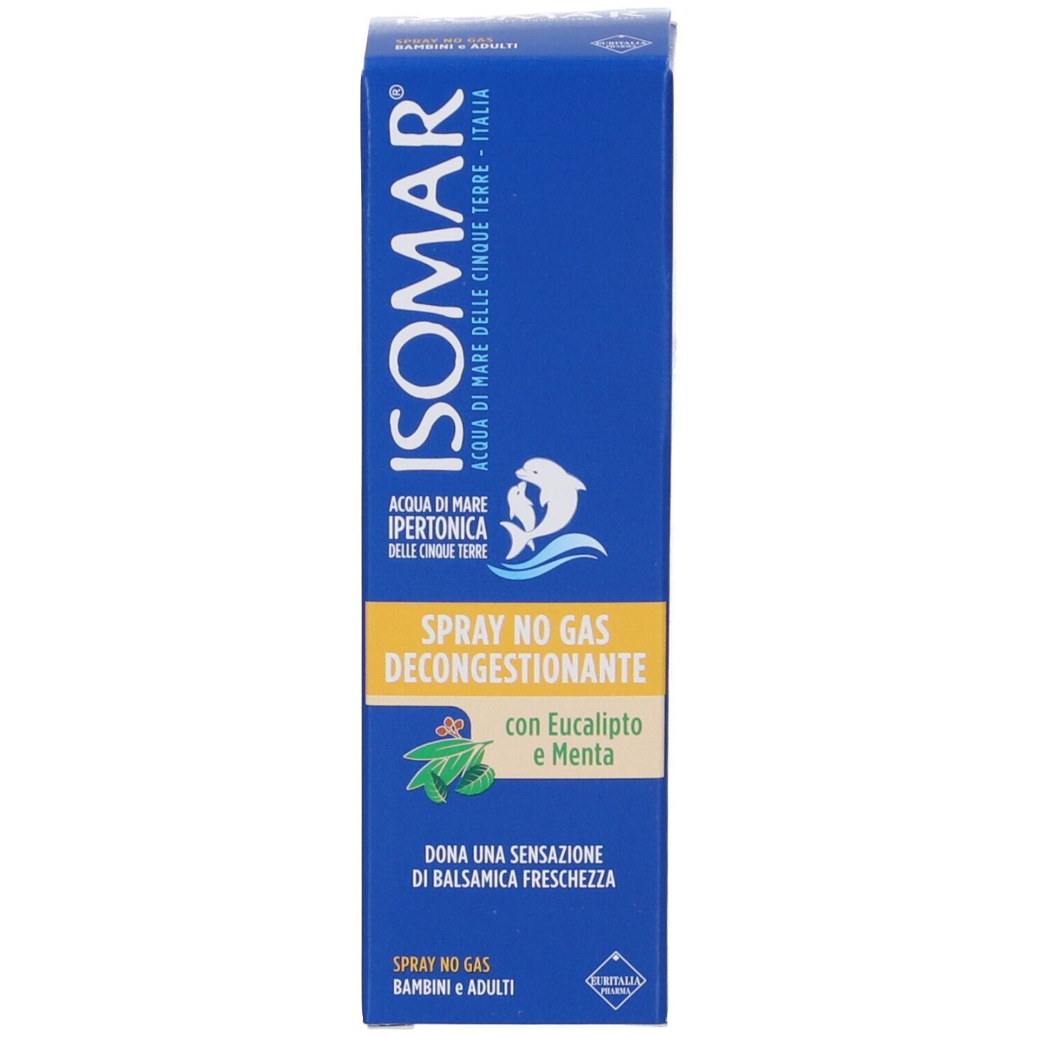 Blaue Verpackung. Aufschrift: ISOMAR, Spray No Gas Decongestionante, mit Eukalyptus und Minze. Für Kinder und Erwachsene.