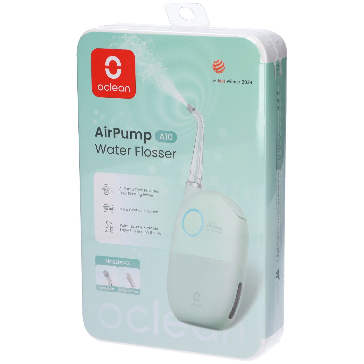 Oclean AirPump A10 Munddusche in Verpackung. Mintgrüne Munddusche mit Düse, Wasserstrahl. Oclean Logo, AirPump A10, Water Flosser. Reddot-Siegel.