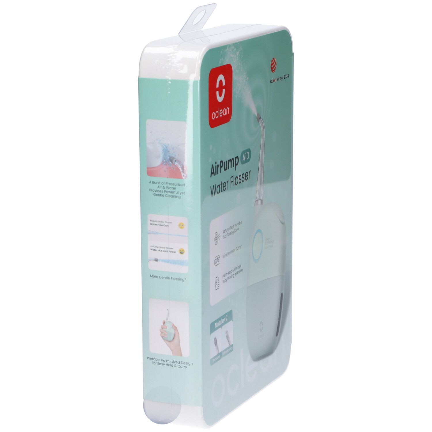 Verpackung der Oclean AirPump A10 Munddusche. Seitenansicht. Oclean Logo, AirPump A10, Water Flosser. Produktabbildung. Informationen und Illustrationen.