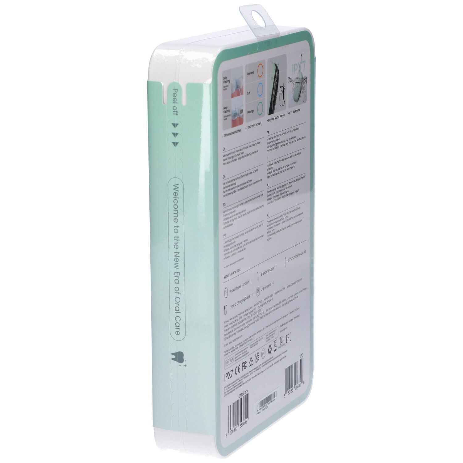 Seite der Oclean AirPump A10 Verpackung. Text: Welcome to the New Era of Oral Care. Illustration. Peel off.