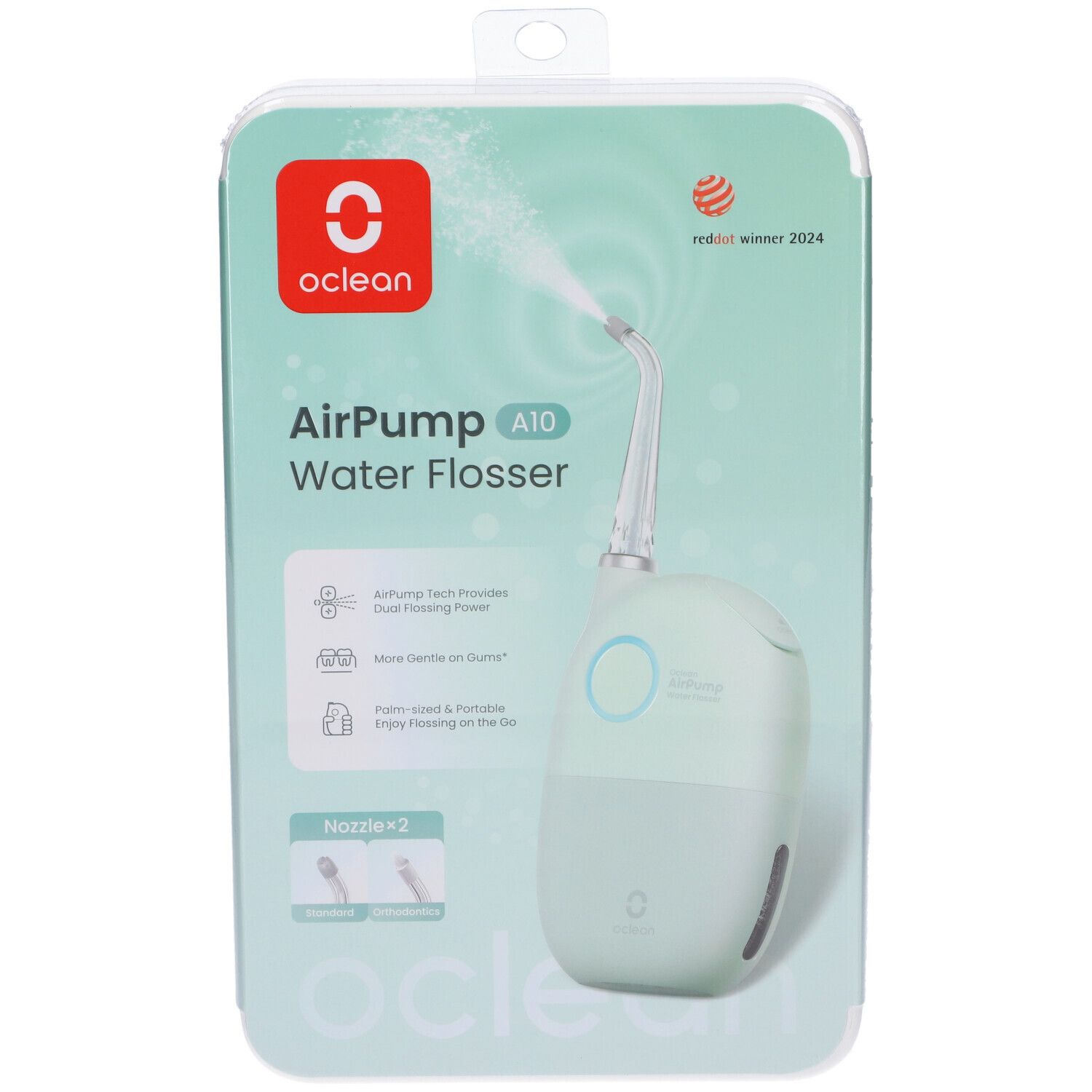 Oclean AirPump A10 Munddusche in Verpackung. Mintgrüne Munddusche mit Düse, Wasserstrahl. Oclean Logo, AirPump A10, Water Flosser. Reddot-Siegel.