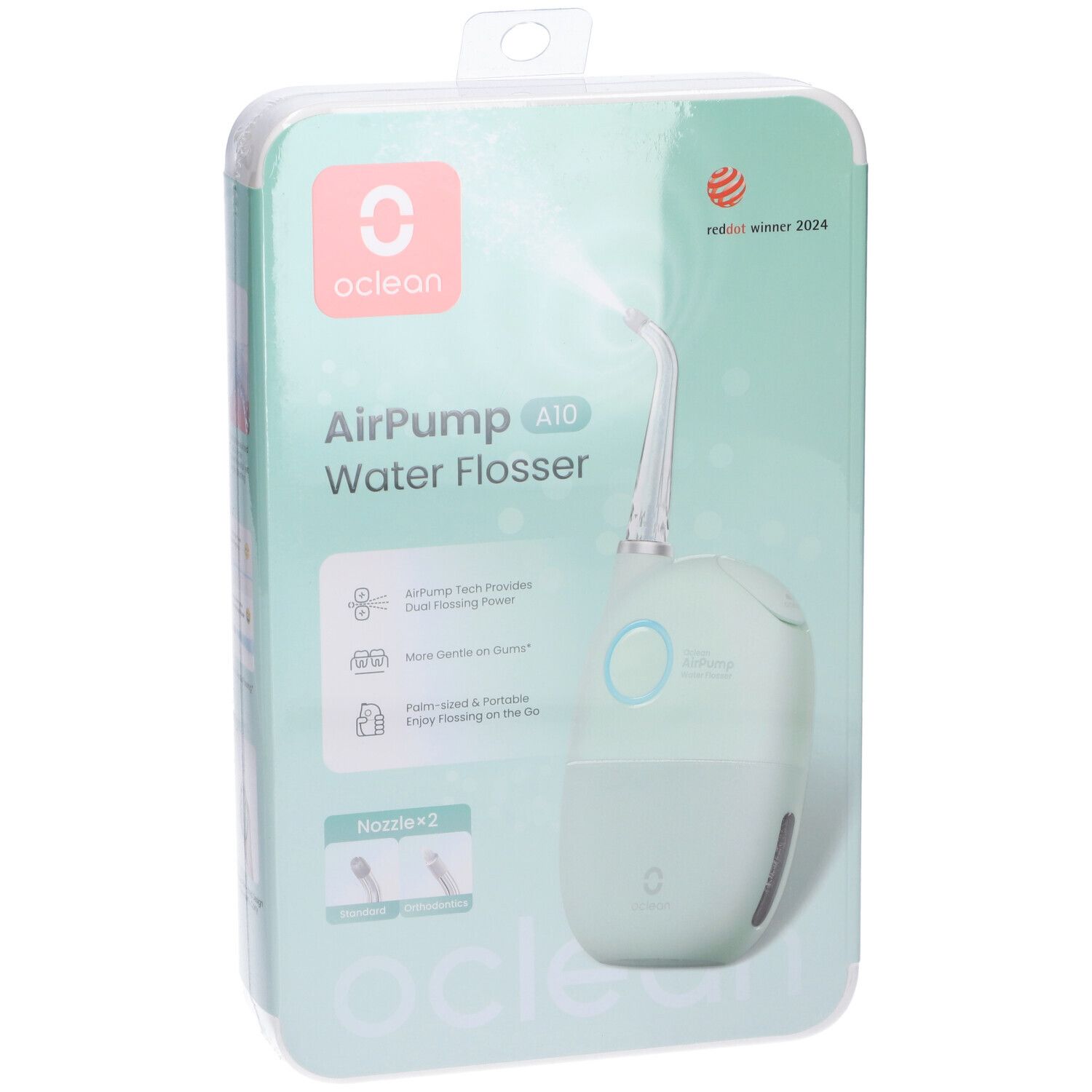 Oclean AirPump A10 Munddusche in Verpackung. Mintgrüne Munddusche mit Düse, Wasserstrahl. Oclean Logo, AirPump A10, Water Flosser. Reddot-Siegel.
