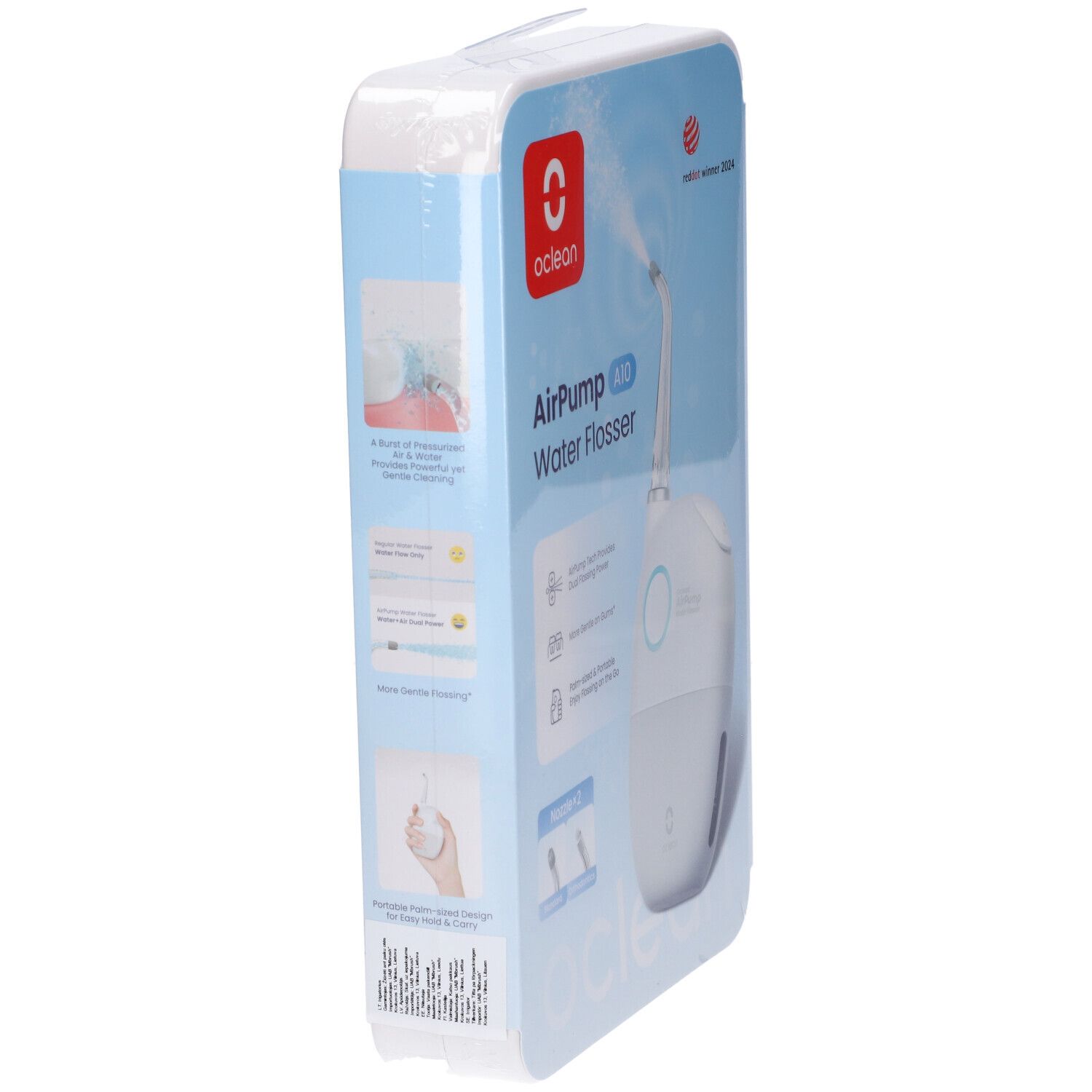 Oclean AirPump A10 in Verpackung, Seitenansicht. Weißes Gerät, blaue Akzente. Verpackung mit Produktabbildung und Text. Oclean Logo.
