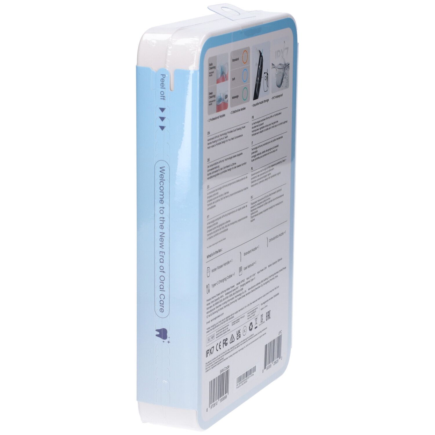 Oclean AirPump A10 Verpackung, Seitenansicht. Text: Welcome to the New Era of Oral Care. Verpackung mit Produktabbildung.