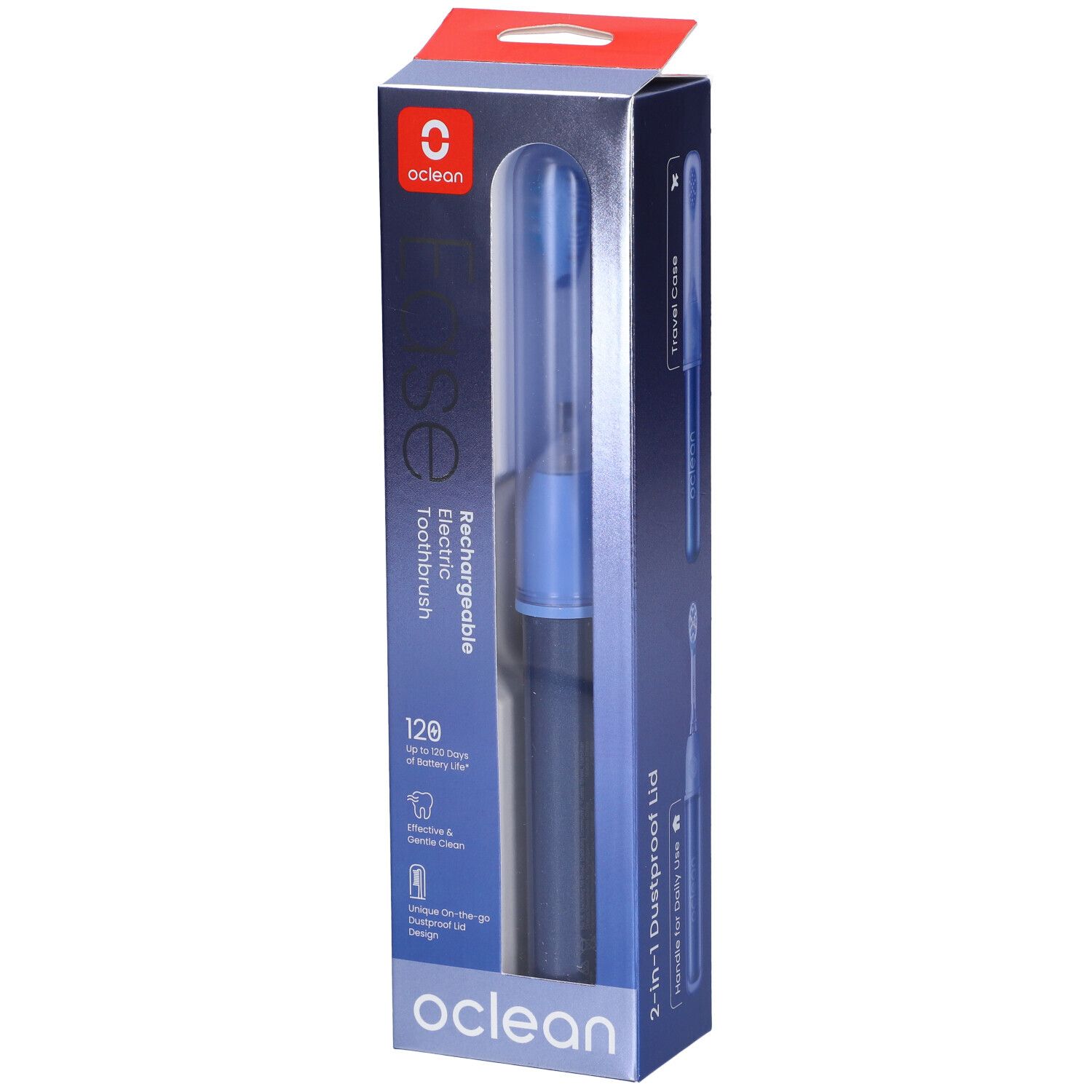 Oclean Ease elektrische Zahnbürste in Verpackung. Blaue Bürste mit transparentem Deckel. Oclean-Logo und Produktbezeichnung.