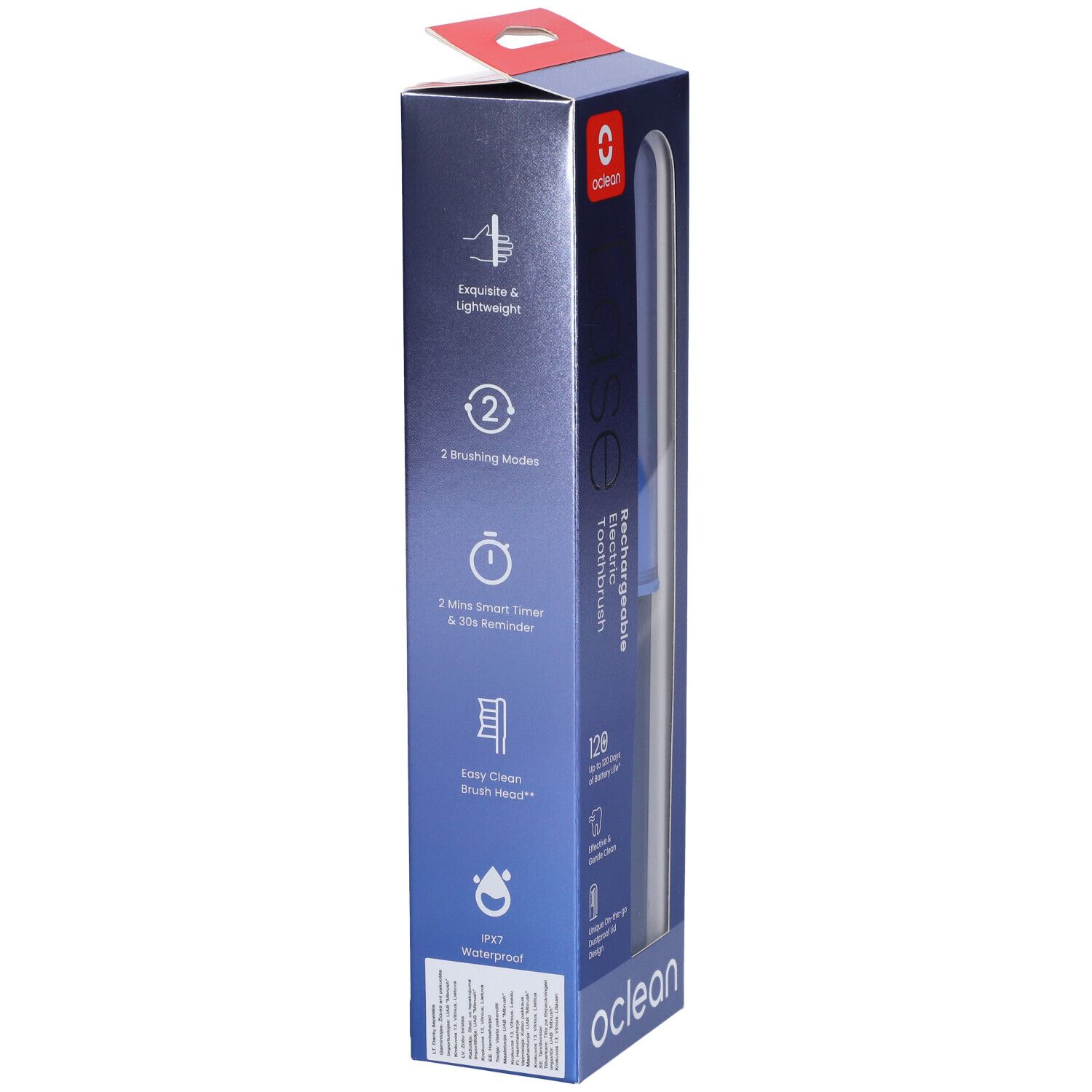 Verpackung der Oclean Ease elektrischen Zahnbürste. Produktmerkmale: 2 Putzmodi, 2-Minuten-Timer, wasserdicht. Oclean-Logo.