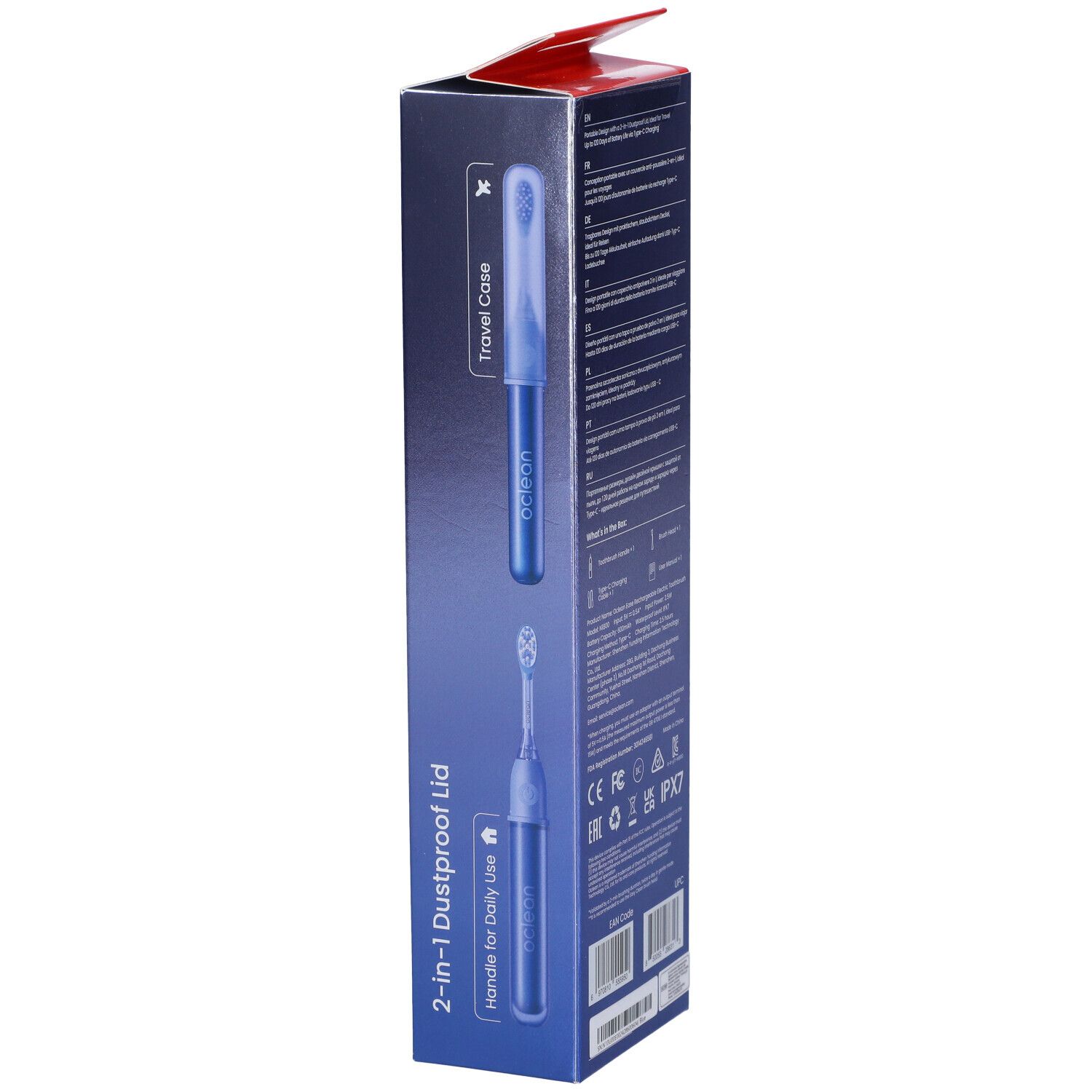 Verpackung der Oclean Ease Zahnbürste. 2-in-1-Staubdichter Deckel. Produktansicht und Zubehör. CE-, FC-Kennzeichnung.