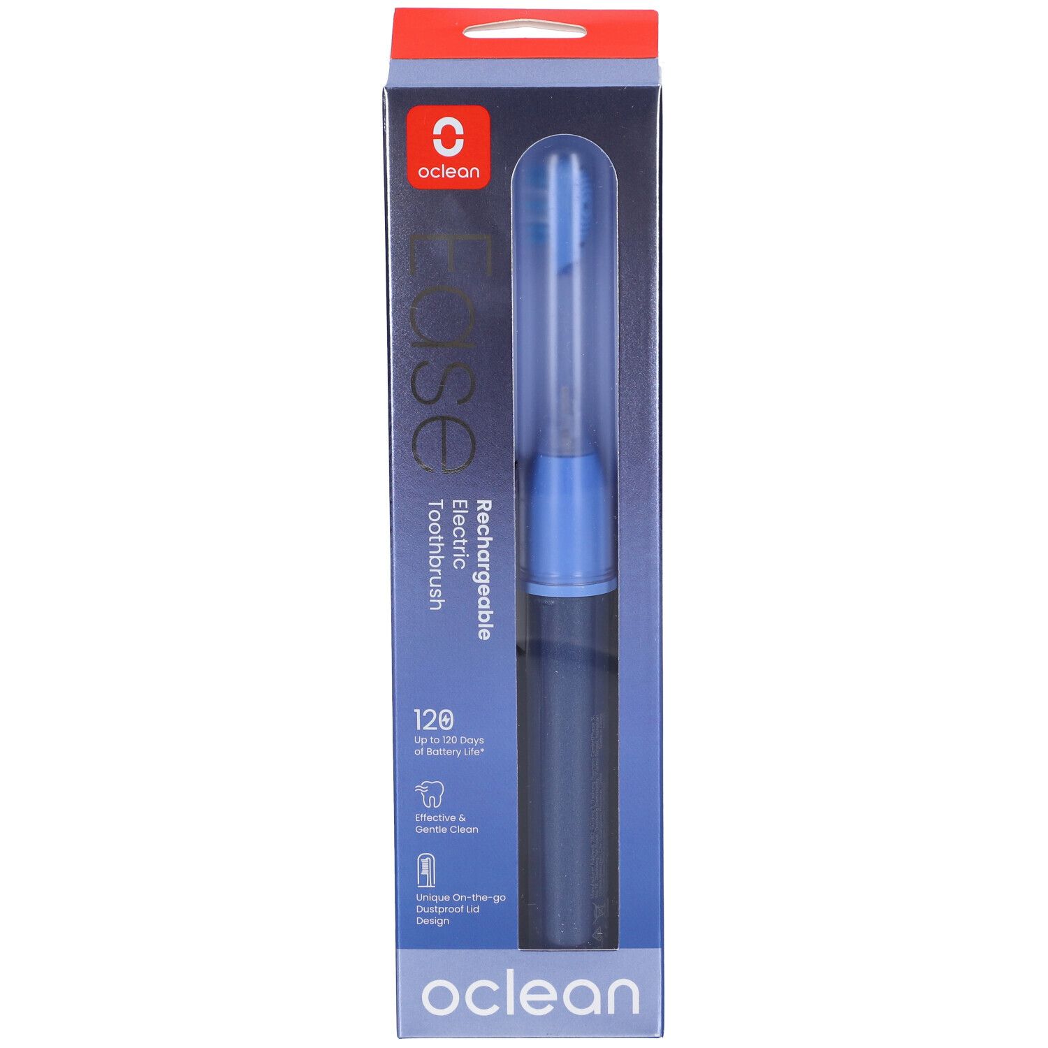Oclean Ease elektrische Zahnbürste in Verpackung. Blaue Bürste mit transparentem Deckel. Oclean-Logo und Produktbezeichnung.