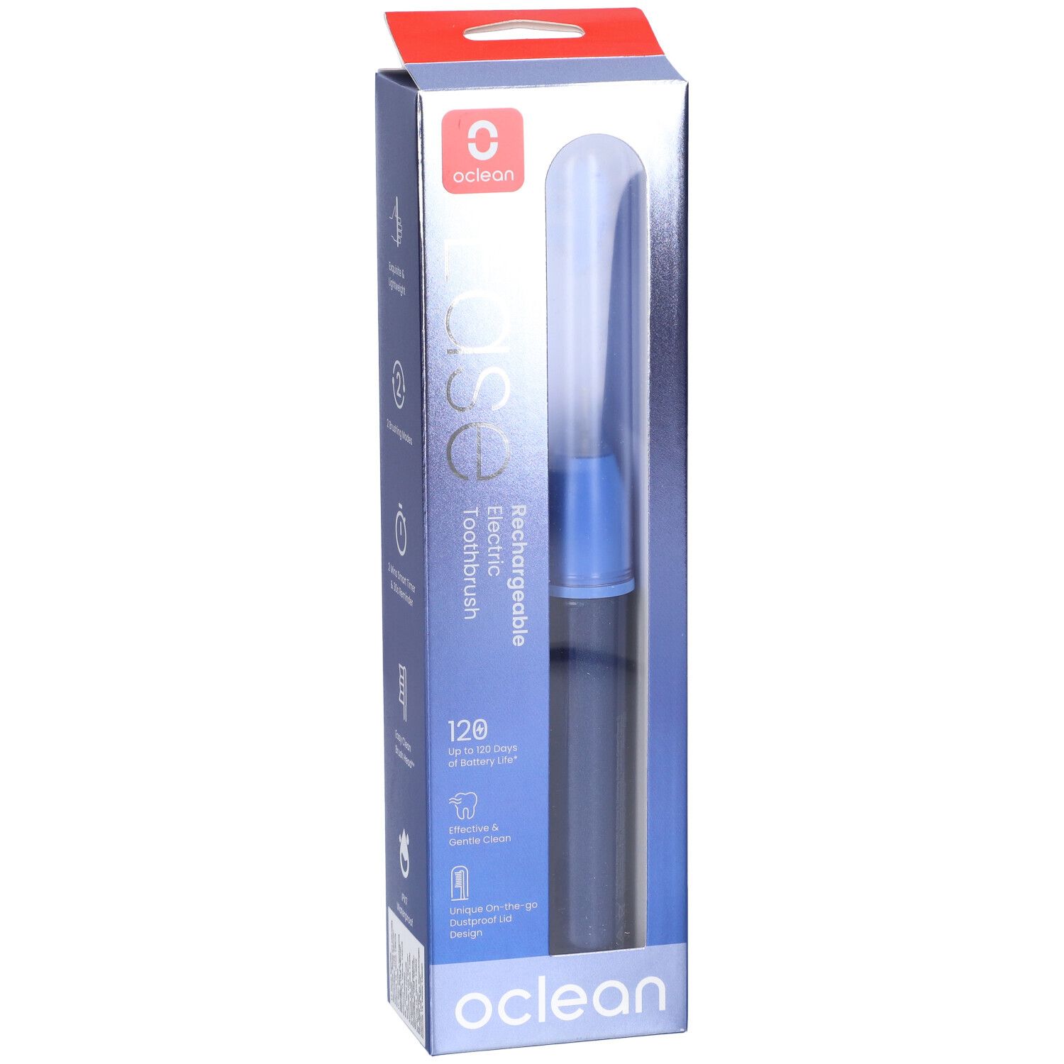 Oclean Ease elektrische Zahnbürste in Verpackung. Blaue Bürste mit transparentem Deckel. Oclean-Logo und Produktbezeichnung.