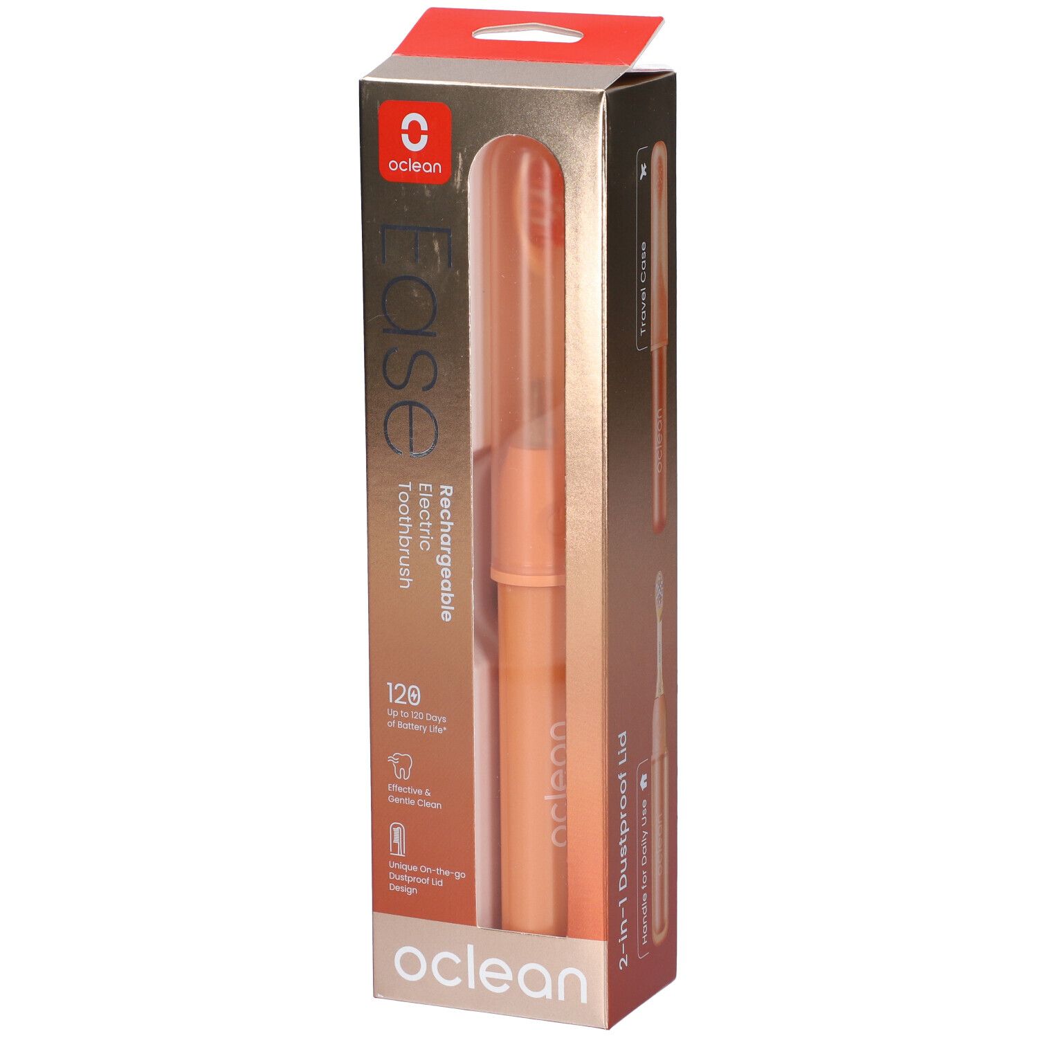 Oclean Ease elektrische Zahnbürste in orangefarbener Verpackung. Sichtbar: Zahnbürste, Ladefunktion, 120 Tage Akkulaufzeit.