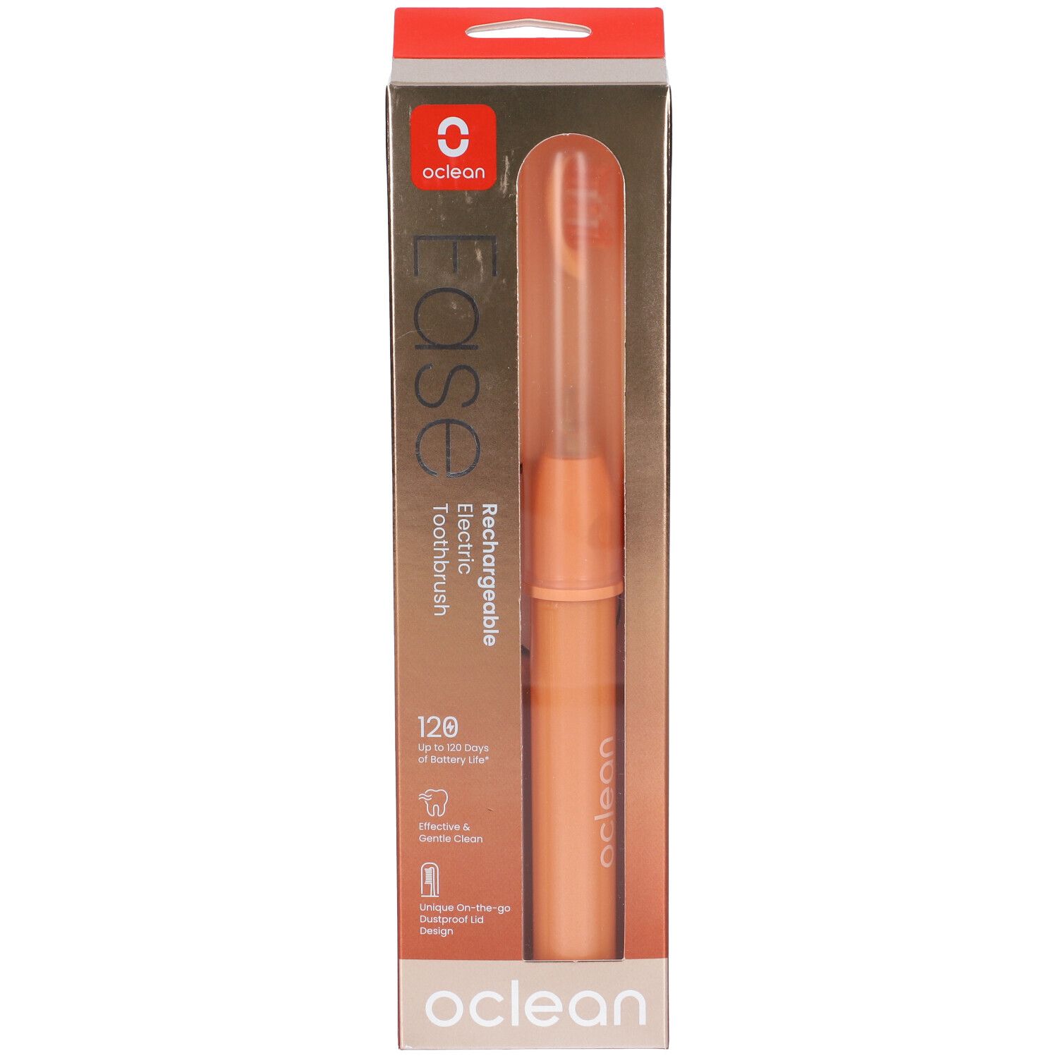 Oclean Ease elektrische Zahnbürste in orangefarbener Verpackung. Sichtbar: Zahnbürste, Ladefunktion, 120 Tage Akkulaufzeit.