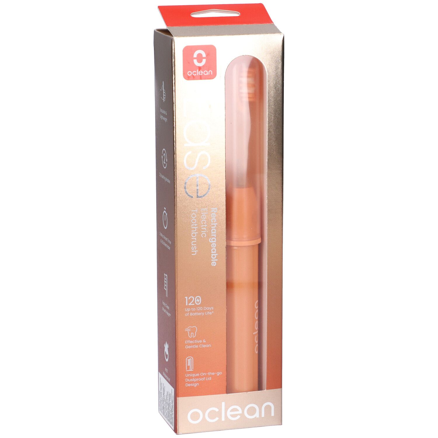 Oclean Ease elektrische Zahnbürste in orangefarbener Verpackung. Sichtbar: Zahnbürste, Ladefunktion, 120 Tage Akkulaufzeit.