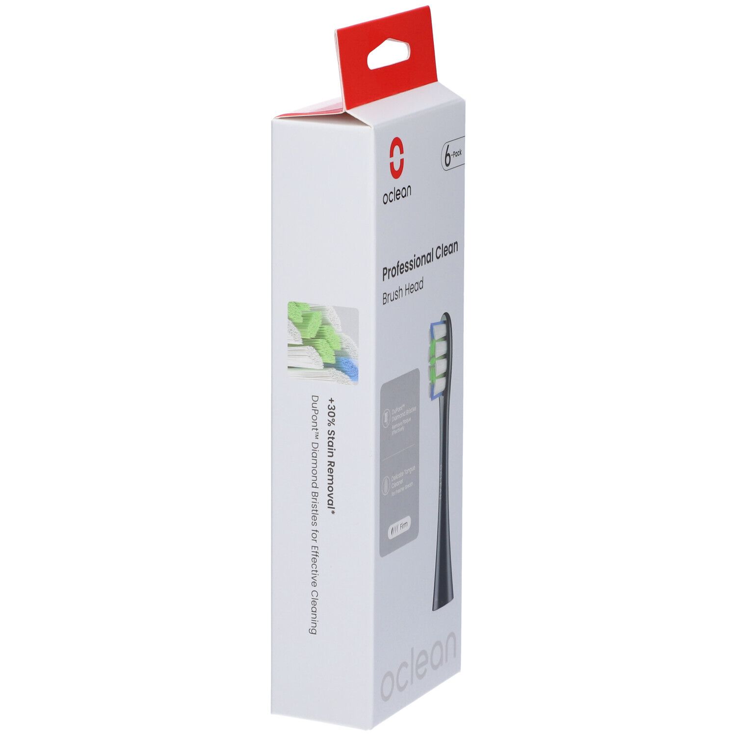 Oclean Bürstenkopf Prof. Clean Verpackung. 6er Pack. Schwarzer Bürstenkopf mit farbigen Borsten. Text: +30% Stain Removed.