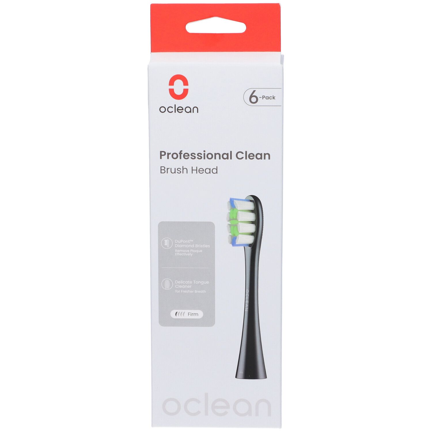 Oclean Bürstenkopf Prof. Clean Verpackung. 6er Pack. Schwarzer Bürstenkopf mit farbigen Borsten. Oclean Logo und Produktname.