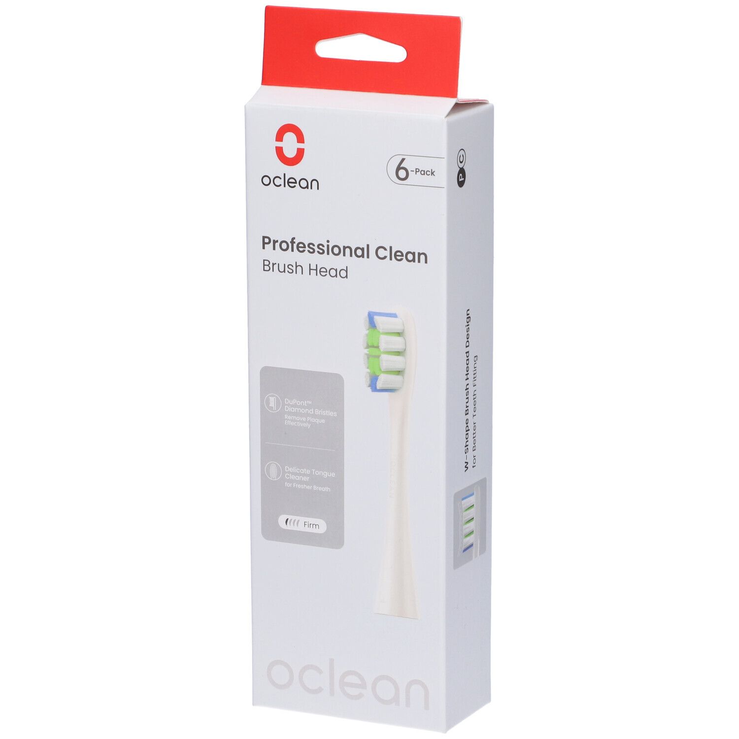 Oclean Professional Clean Bürstenkopf, 6er-Pack. Weiße Verpackung mit rotem Aufhänger. Bürstenkopf mit blauen und grünen Borsten.
