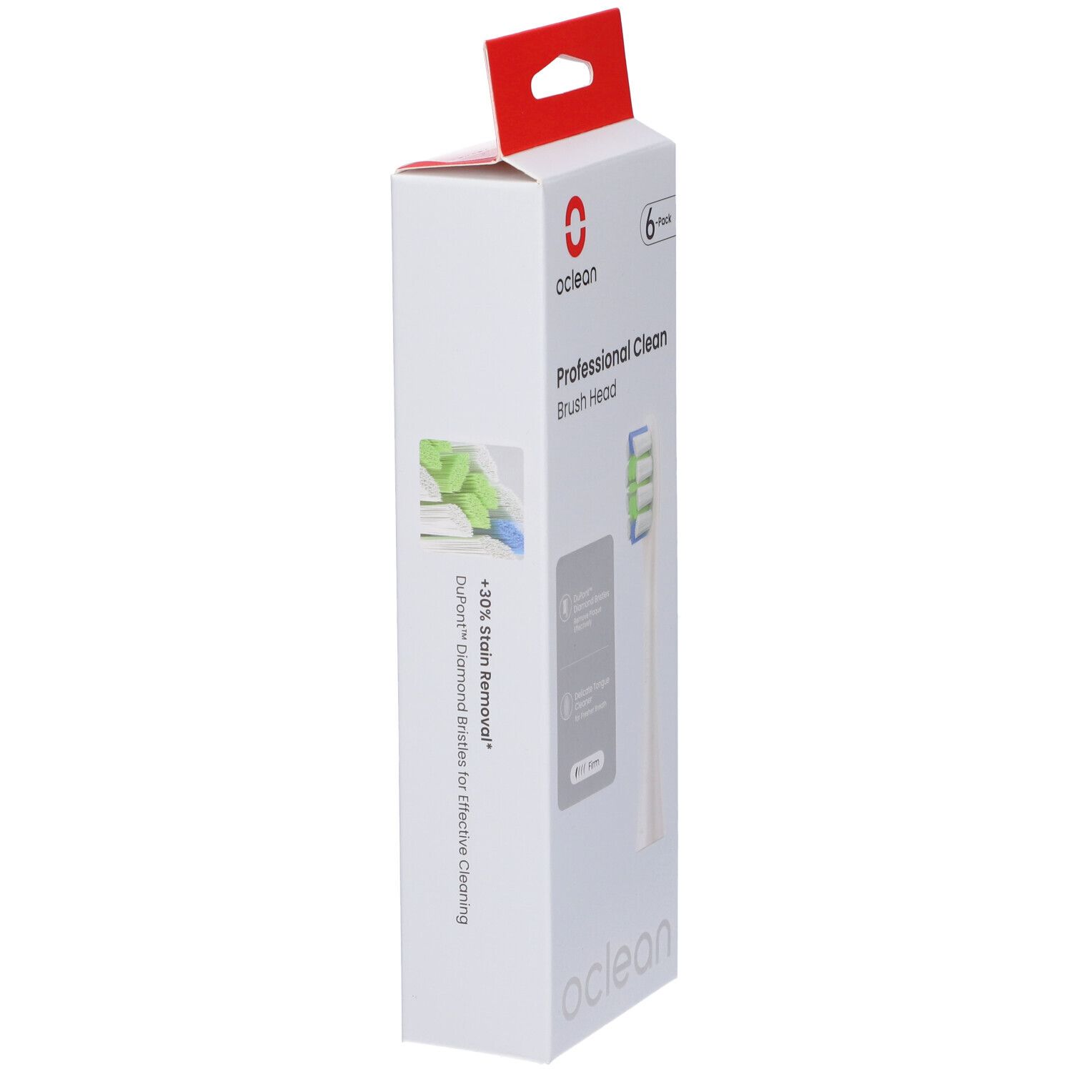 Oclean Professional Clean Bürstenkopf-Verpackung. Weiße Verpackung mit rotem Aufhänger. Bürstenkopf-Illustration. Text: +30% Fleckenentfernung.