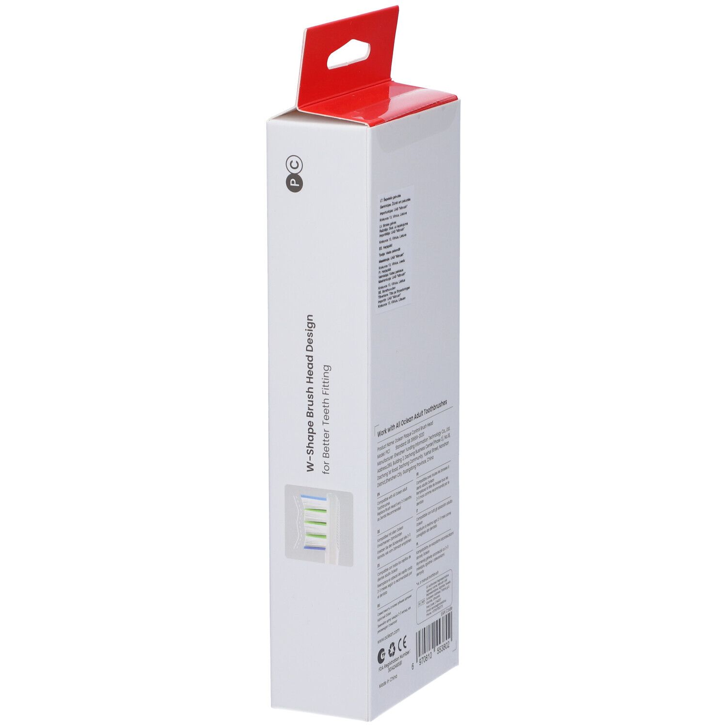 Oclean Bürstenkopf-Verpackung. Weiße Verpackung mit rotem Aufhänger. Text: W-förmiges Design für bessere Zahnreinigung.