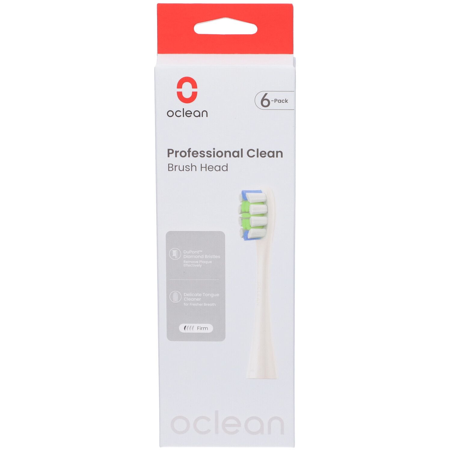 Oclean Professional Clean Bürstenkopf, 6er-Pack. Weiße Verpackung mit rotem Aufhänger. Bürstenkopf-Illustration.