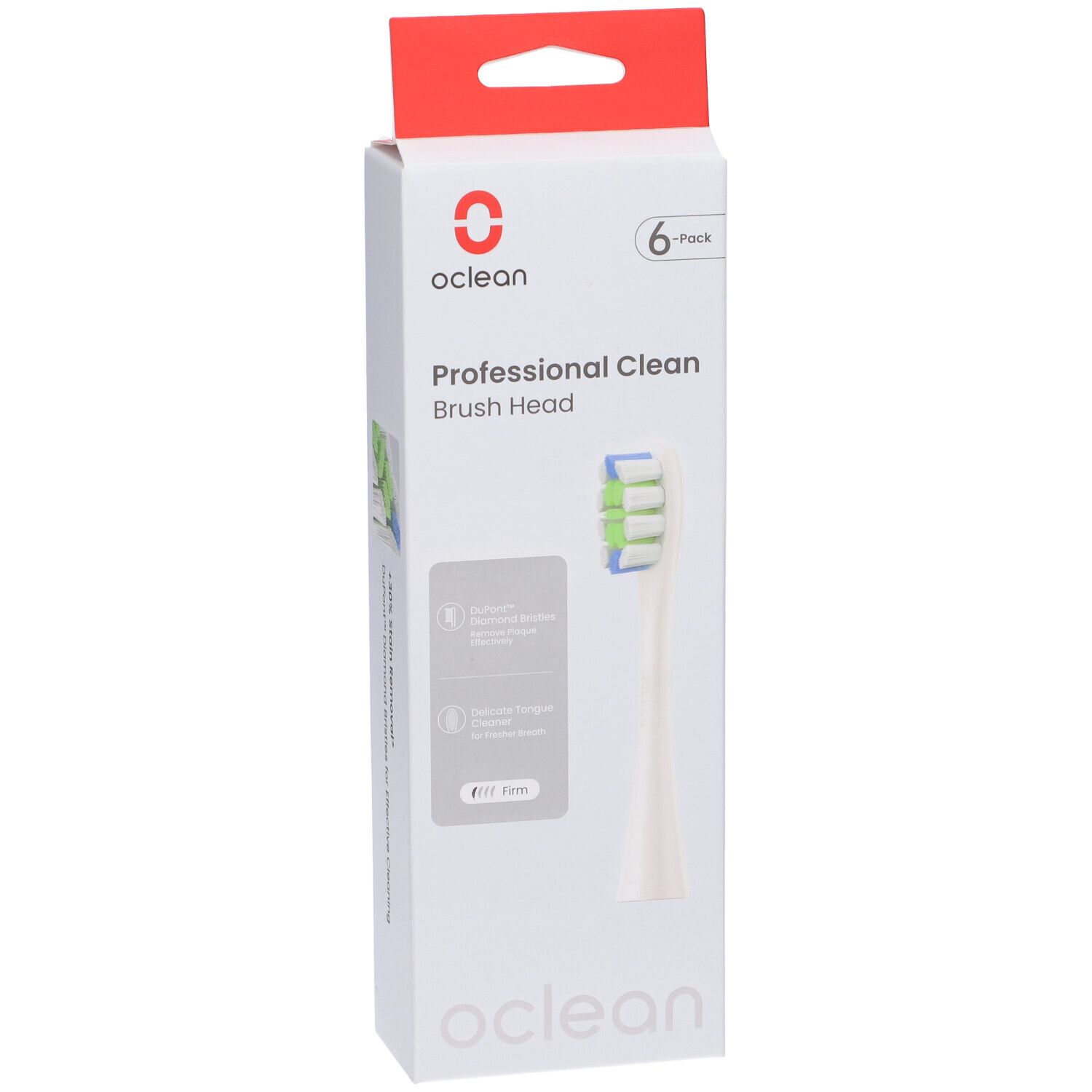 Oclean Professional Clean Bürstenkopf, 6er-Pack. Weiße Verpackung mit rotem Aufhänger. Bürstenkopf-Illustration und Text.