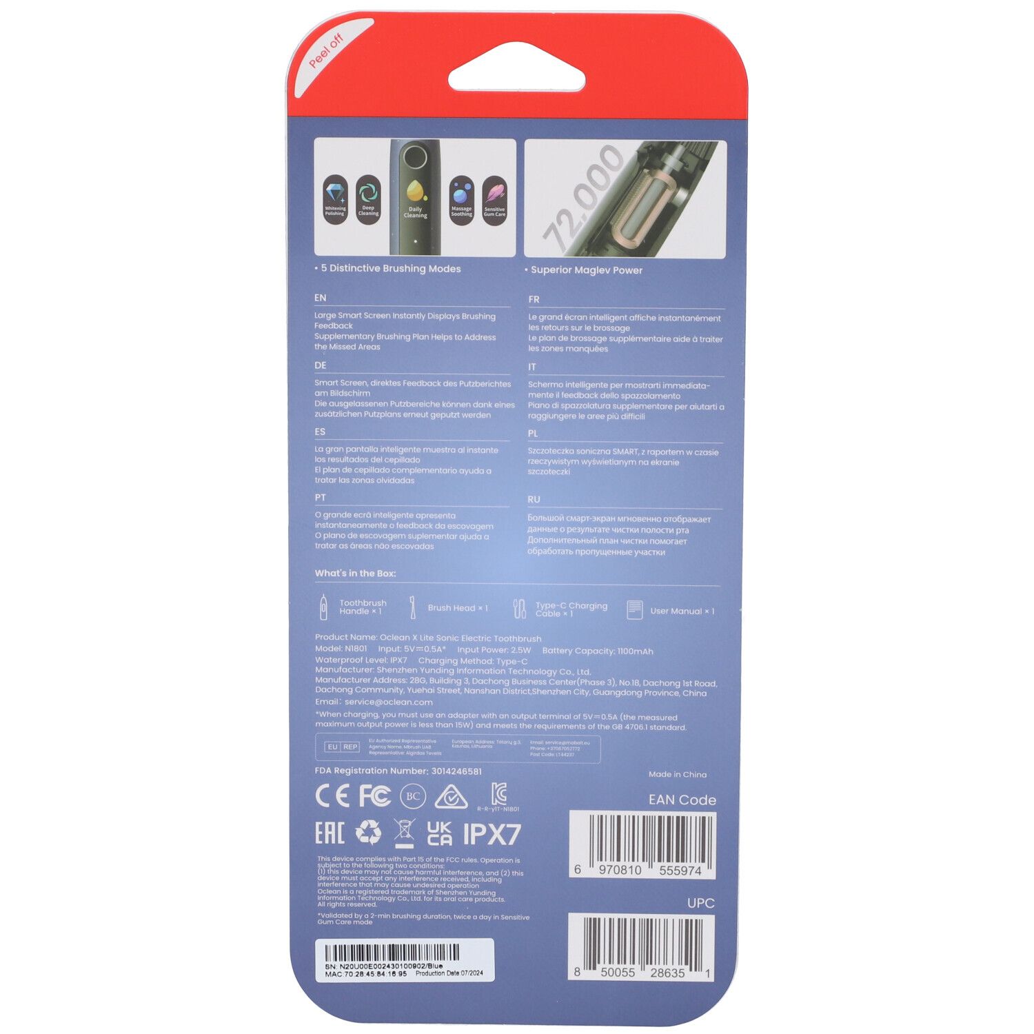 Rückseite der Verpackung der elektrischen Zahnbürste. Text in mehreren Sprachen. Enthält Informationen zu Funktionen und Zertifizierungen.