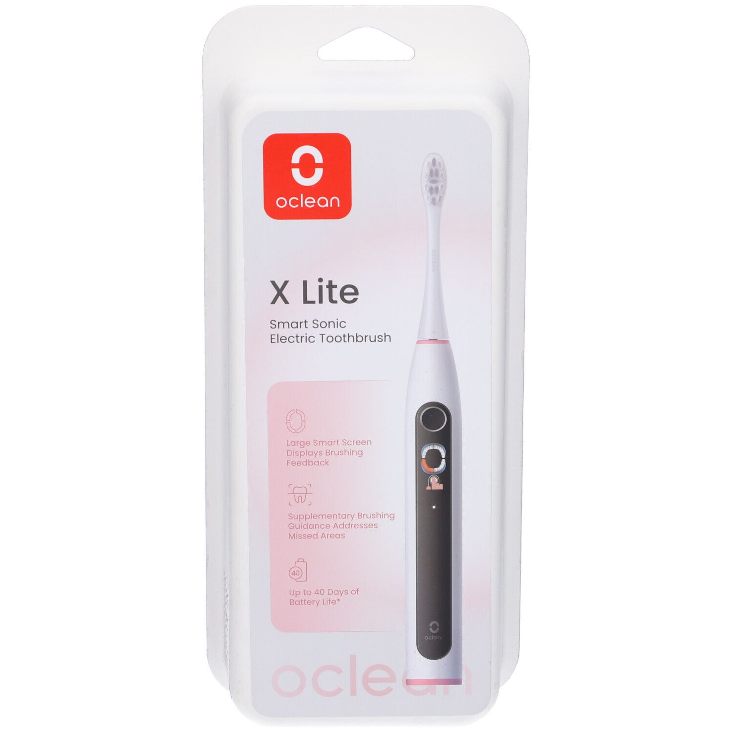 Oclean X-Lite elektrische Zahnbürste in Verpackung. Weißes Gehäuse, rosa Akzente, Display. Oclean-Logo sichtbar.