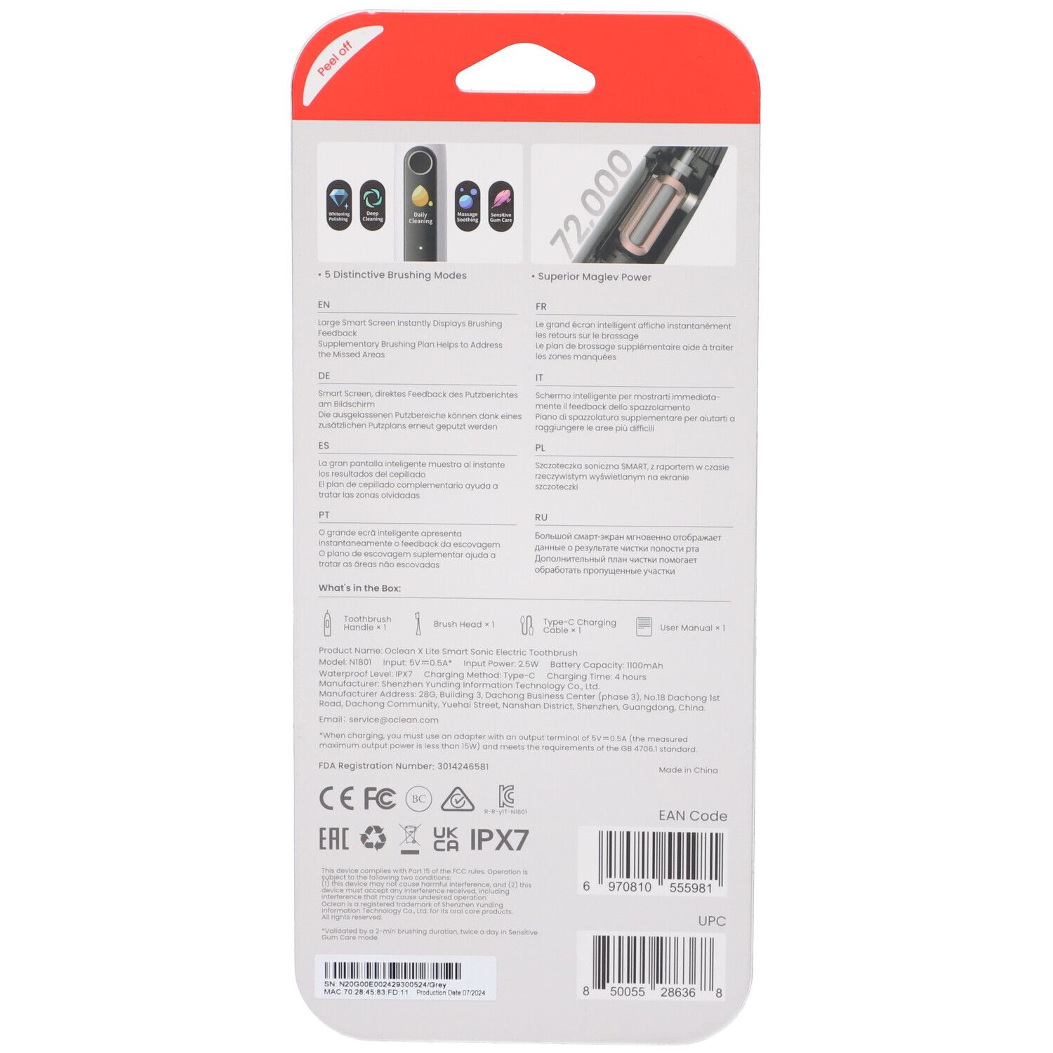 Rückseite der Oclean X-Lite Verpackung. Produktinformationen, technische Daten, Logos und Zertifizierungen.