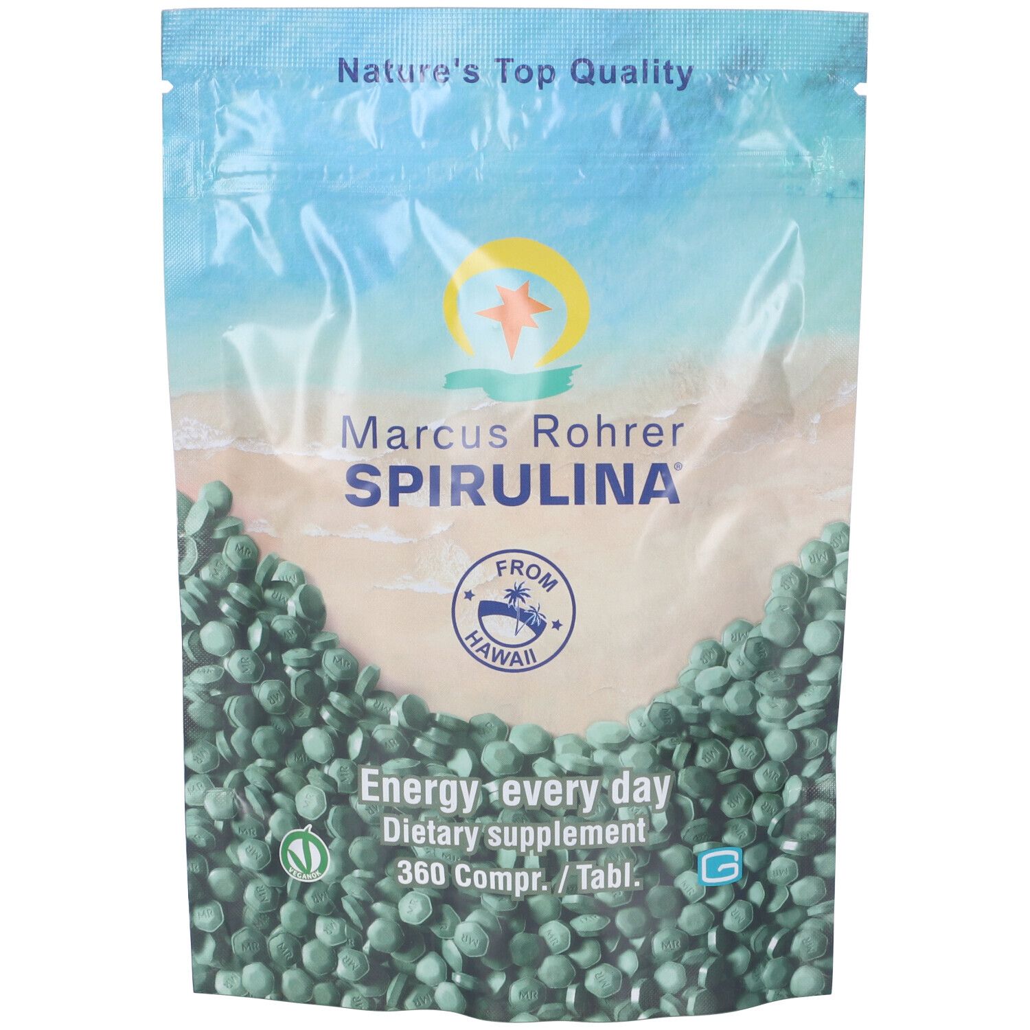 Busta con compresse verdi. Scritta: Marcus Rohrer Spirulina, 360 compresse, da Hawaii.