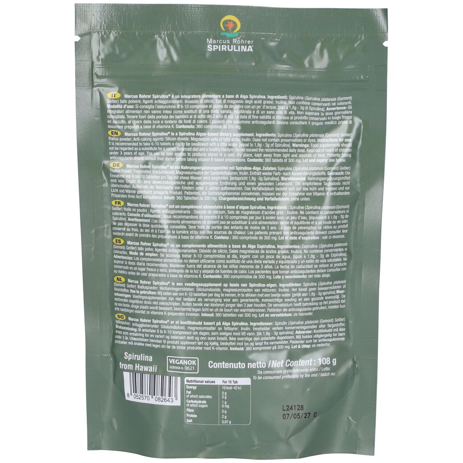 Retro della confezione con testo. Scritta: Spirulina from Hawaii, Vegan, Peso netto 100 g.