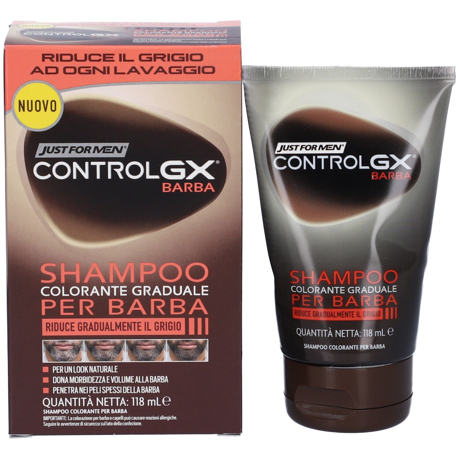 Verpackung für Just For Men Control GX Bart-Shampoo, 118 ml.