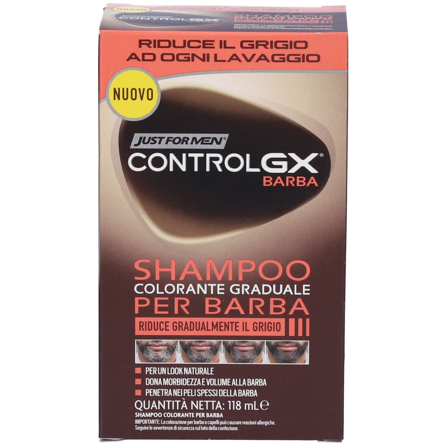 Verpackung für Control GX Bart-Shampoo, das graues Barthaar reduziert.