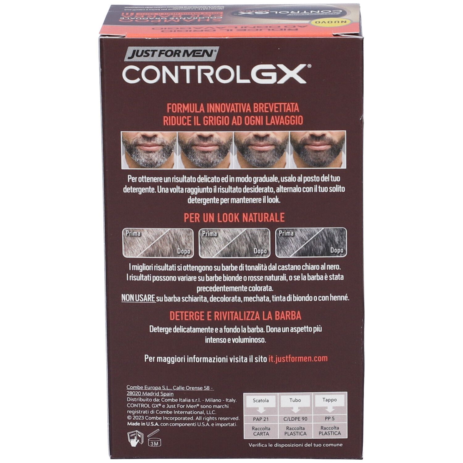 Verpackung von Just For Men Control GX Bart-Grau-Reduzierer mit Anwendungsbeispielen.