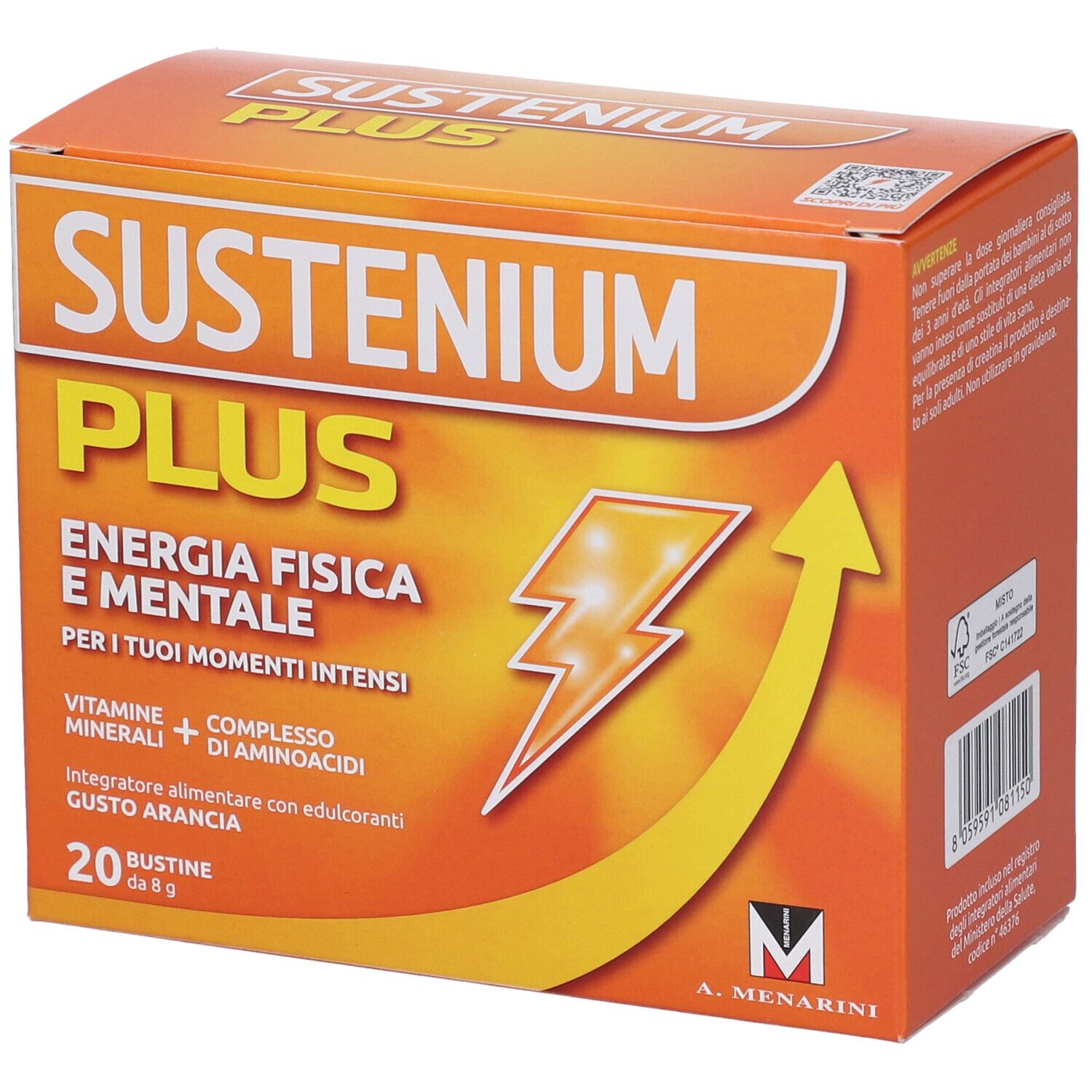 Scatola arancione "SUSTENIUM PLUS". Contiene 20 bustine. Testo: Energia, vitamine, minerali, aminoacidi, gusto arancia.