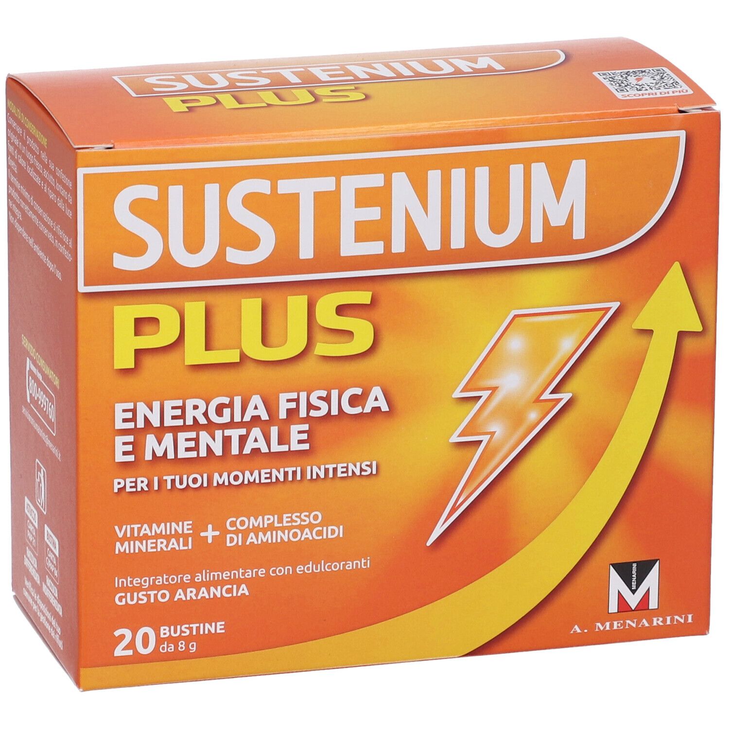 Scatola arancione "SUSTENIUM PLUS". Contiene 20 bustine. Testo: Energia, vitamine, minerali, aminoacidi, gusto arancia.