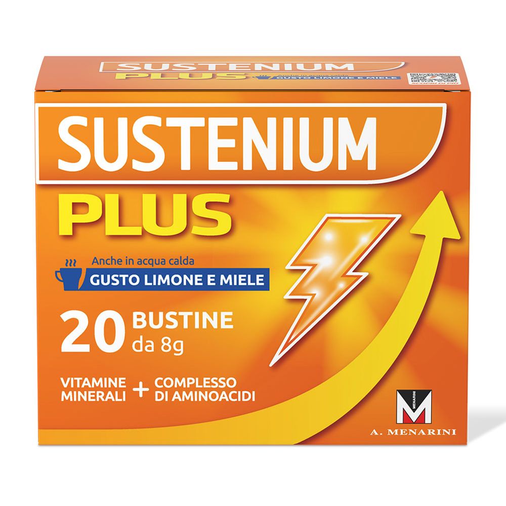 Scatola arancione con "SUSTENIUM PLUS". Contiene 20 bustine. Gusto limone e miele. Marchio: A. Menarini.