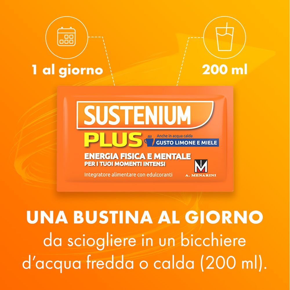 Bustina singola di Sustenium Plus. Testo: "ENERGIA PER I TUOI MOMENTI INTENSI". 1 bustina al giorno in 200 ml di acqua.