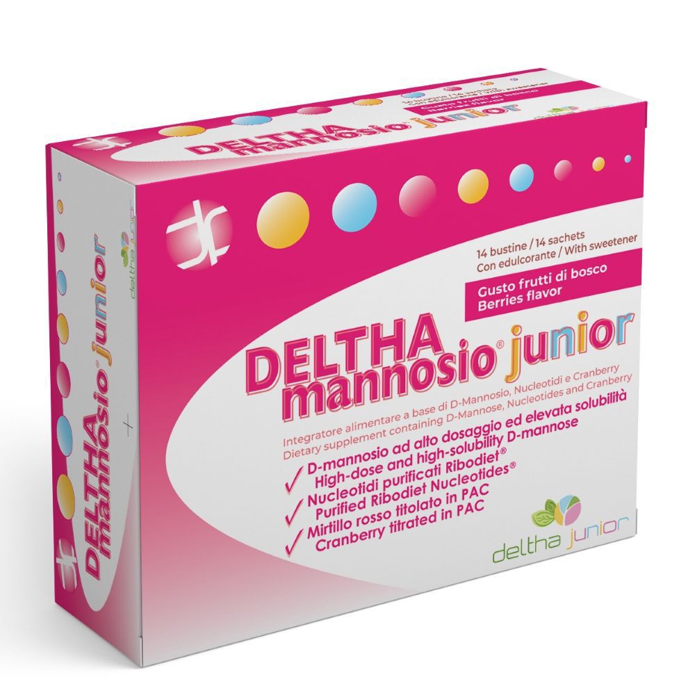Rosa Schachtel mit "DELTHA mannosio junior"-Logo. Enthält 14 Beutel. Geschmack: Waldbeeren. Enthält D-Mannose, Nucleotide und Cranberry.
