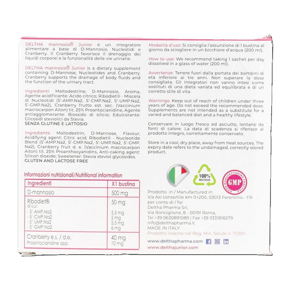 Rückseite der rosa Schachtel. Enthält Informationen zu Inhaltsstoffen und Nährwerten. Enthält D-Mannose, Ribodiet, Cranberry und mehr.