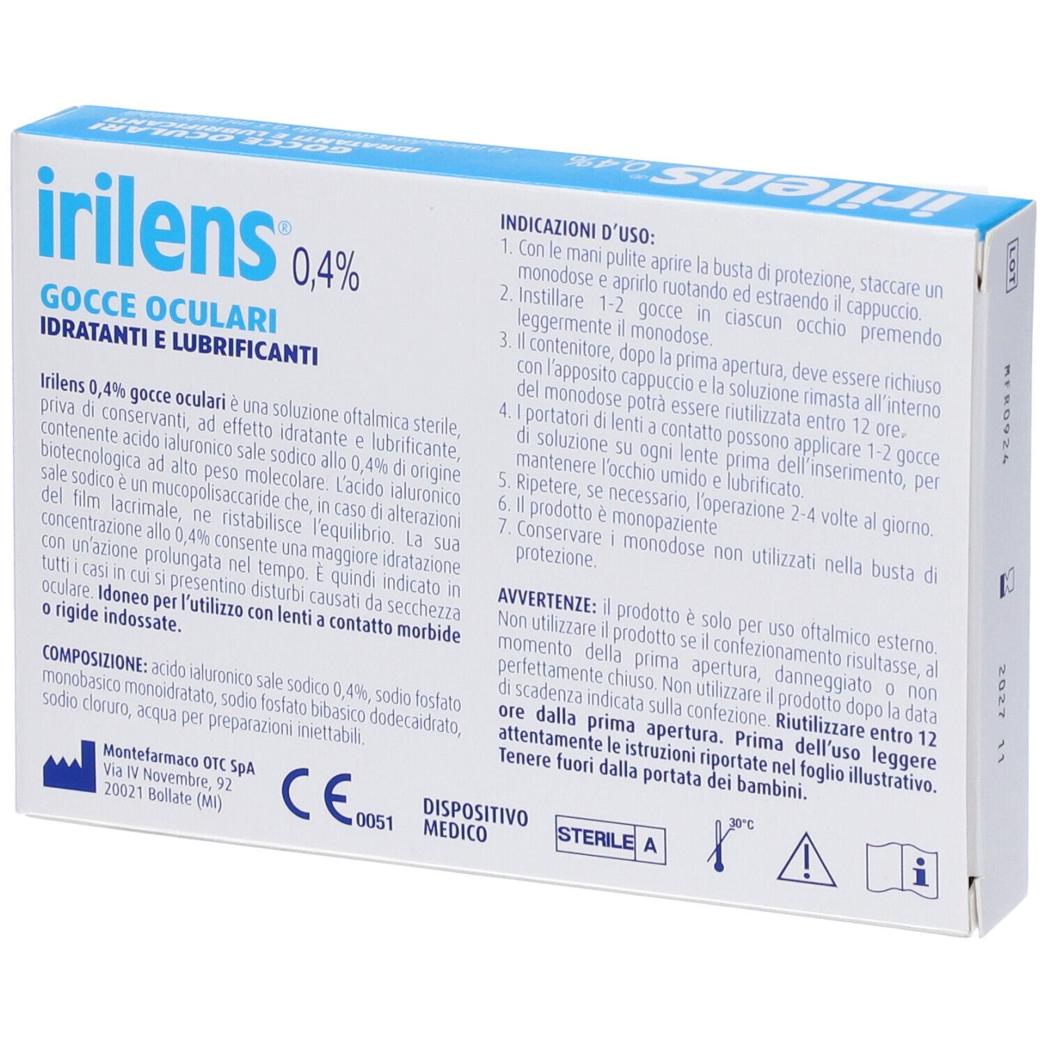 Rückseite der Irilens 0,4% Augentropfen-Verpackung. Text: Gocce Oculari, Idratanti e Lubrificanti. Gebrauchsanweisung.