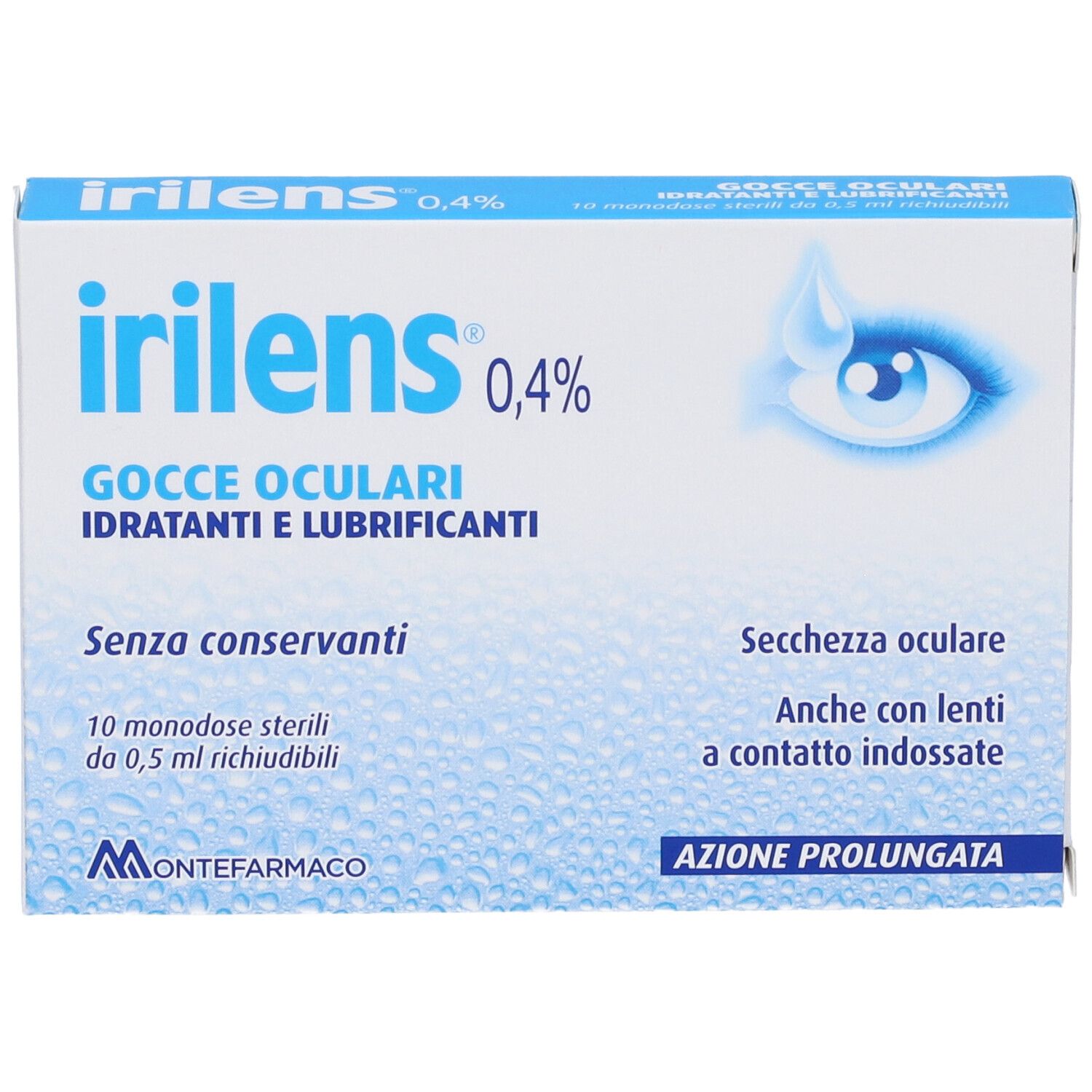 Karton Irilens 0,4% Augentropfen. Enthält 10 sterile Einzeldosen. Text: Gocce Oculari, Idratanti e Lubrificanti.