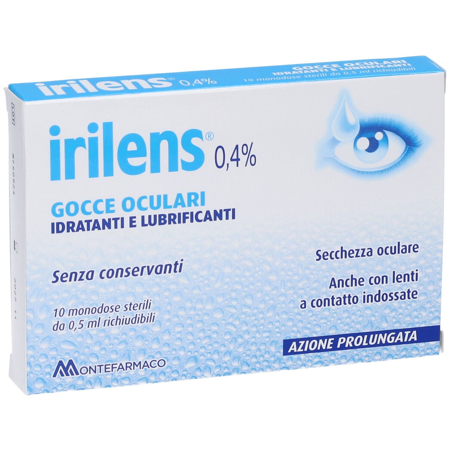 Karton Irilens 0,4% Augentropfen. Enthält 10 sterile Einzeldosen. Text: Gocce Oculari, Idratanti e Lubrificanti.