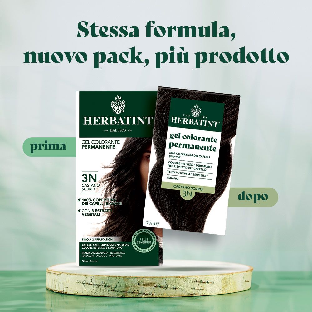Zwei Herbatint permanente Haarfärbegel-Packungen, eine vorne, eine leicht versetzt. Dunkelbraune Haarfarbe 3N.