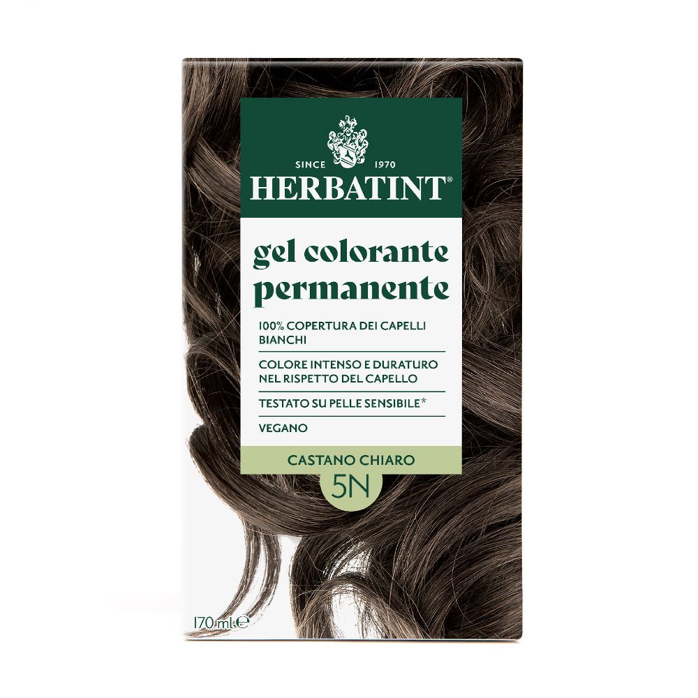 Herbatint permanente Haarfarbe, Hellbraun 5N. Kartonverpackung mit Informationen zur Abdeckung und Verträglichkeit.