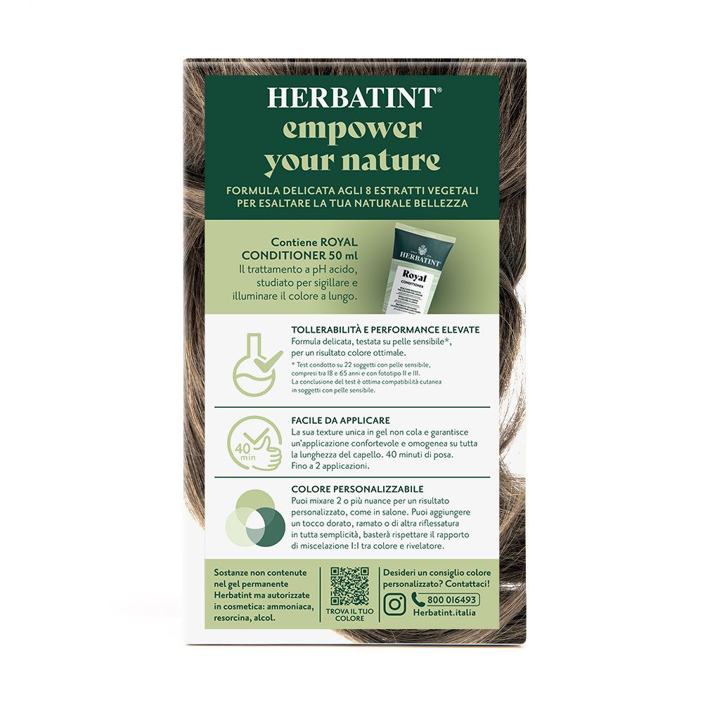 Herbatint Haarfarbe-Box mit Informationen zu Inhaltsstoffen und Anwendung. Enthält Royal Conditioner 50 ml.