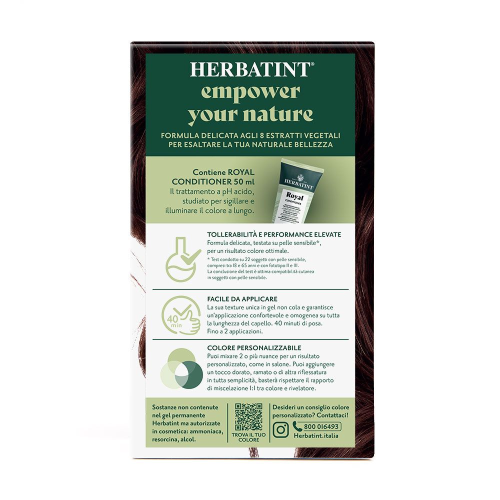Herbatint Haarfärbeverpackung mit Informationen zu Royal Conditioner 50ml, Anwendung und Farbeigenschaften.
