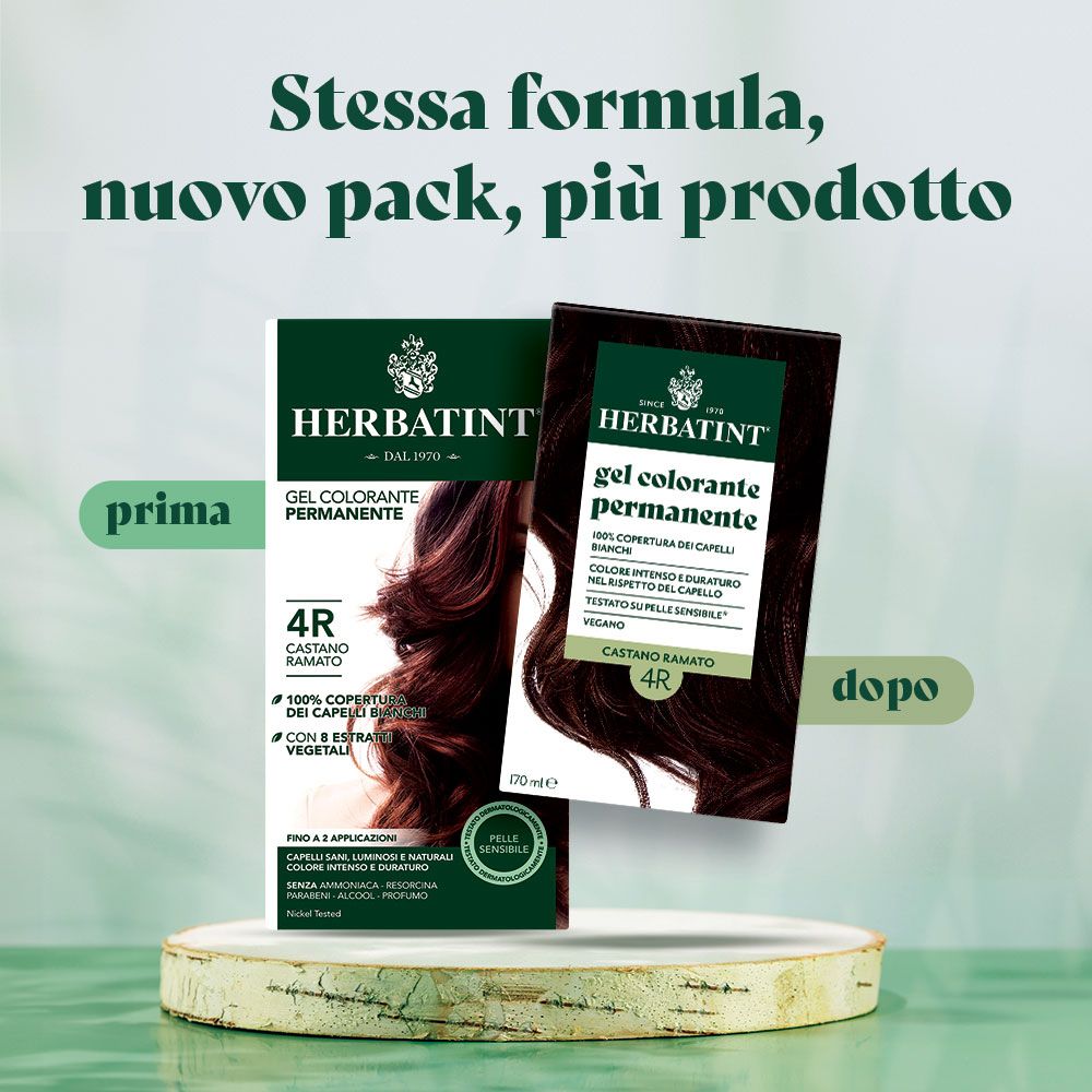 Zwei Packungen Herbatint permanente Haarfärbung, Farbton 4R Kastanie. Eine Packung zeigt 'prima', die andere 'dopo'.