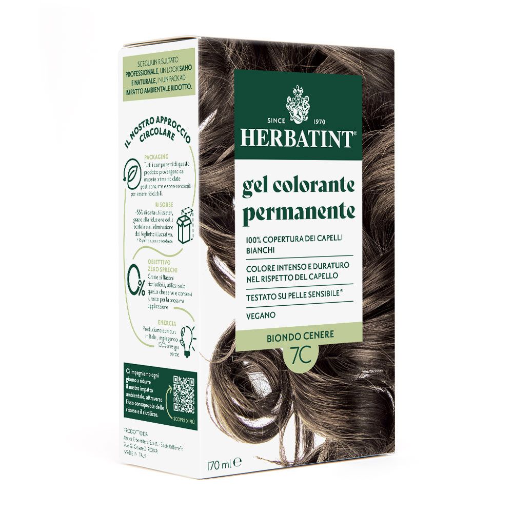 Herbatint Gel Colorante Permanente 7C Biondo Cenere. Confezione con immagine del prodotto e testo. 170 ml.