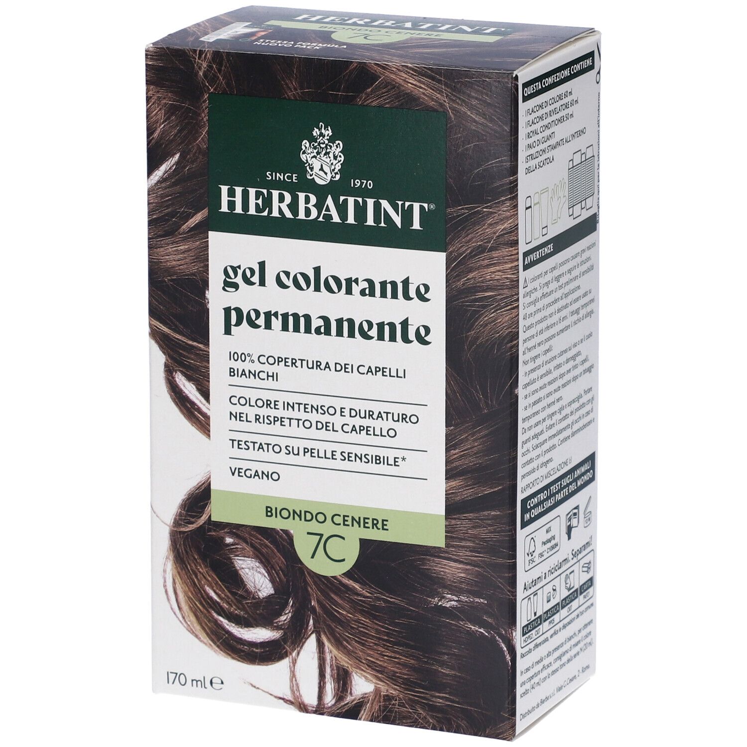 Herbatint Gel Colorante Permanente 7C Biondo Cenere. Confezione con immagine del prodotto e testo. 170 ml.