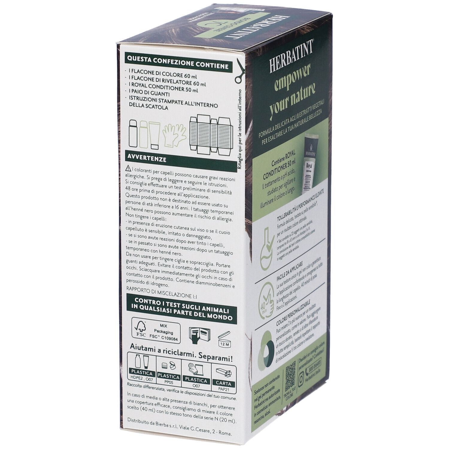 Retro della confezione Herbatint. Testo su ingredienti, utilizzo e contatti. Con Royal Conditioner.
